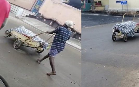 கொரோனாவால் உயிரிழந்த பாட்டி: தள்ளுவண்டியில் உடலை கொண்டு சென்ற பேரன்- நெஞ்சை உருக்கும் சம்பவம்!!