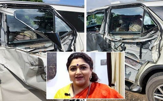நடிகை குஷ்பு சென்ற கார் டேங்கர் லொறி மீது மோதி விபத்து!!