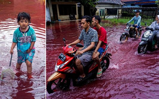 இரத்த சிவப்பு வெள்ளத்தில் மூழ்கிய கிராமம் : காரணம் என்ன?