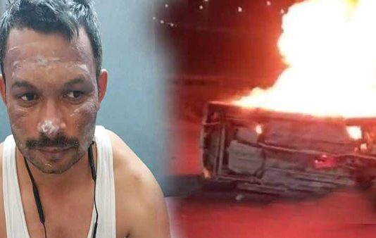 தன் உ யிரை பொருட்படுத்தாமல் தீ.ப்.ப.ற்றிய காரிலிருந்த 3 பேரைக் காப்பாற்றிய காவலர்!