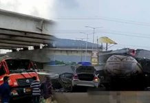 மேம்பாலத்தின் தூண் இடிந்து விழுந்ததால் ஏற்பட்ட பரிதாபம்!!