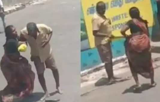 குடிபோதையில் பெண் ஒருவர் ஆணிடம் வம்பிழுக்கும் வைரல் காட்சி!!