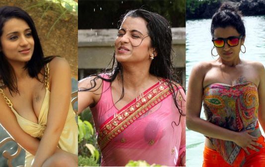 முன்னழகு எடுப்பா தெரிய படுத்தபடி சூடான போஸ் கொடுத்த திரிஷா!!