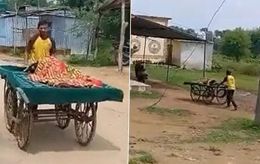 கர்ப்பிணி மனைவியை தள்ளுவண்டியில் மருத்துவமனைக்கு அழைத்து சென்ற கணவன் : காண்போரை கலங்கடித்த சம்பவம்!!