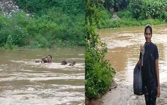 தேர்வு எழுத துணிச்சலோடு ஆற்றைக் கடந்த மாணவி…. தோள் கொடுத்து உதவிய சகோதரர்கள் : நெகிழ்ச்சி சம்பவம்!!