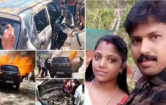 பிரசவ வலியால் துடிதுடித்த நிறைமாத கர்ப்பிணி… திடீரென பற்றி எரிந்த கார் : தம்பதிக்கு நேர்ந்த பரிதாபம்!!
