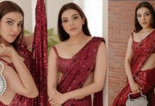 டிரான்ஸ்பரன்ட் புடவையில் மார்க்கமான போஸ் கொடுத்த காஜல் அகர்வால்!!