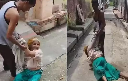 தாயை தரதரவென இழுத்து செல்லும் இளைஞர் : வெளியான பகீர் வீடியோ!!