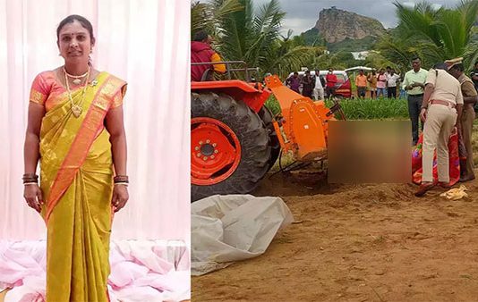 கணவர் உழுது கொண்டிருந்த டிராக்டரில் சிக்கி மனைவிக்கு நேர்ந்த சோகம்!!