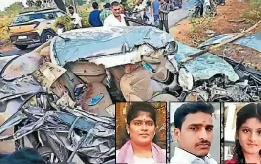 பேருந்து கார் நேருக்கு நேர் மோதி கோர விபத்து ஒரே குடும்பத்தை சேர்ந்த 3 பேர் பலி!!