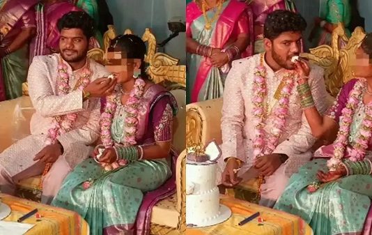 ரிசப்ஷன்ல மணப்பெண்ணுக்கு கேக் ஊட்டி போட்டோ ஷூட்… காலையில் காதலியுடன் திருமணம்!!
