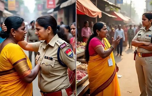 “என்கிட்டேயேவா? நான் போலீசு” பெண் வியாபாரியின் தலைமுடியை பிடித்திழுத்து சண்டைப் போட பெண் காவலர்!!